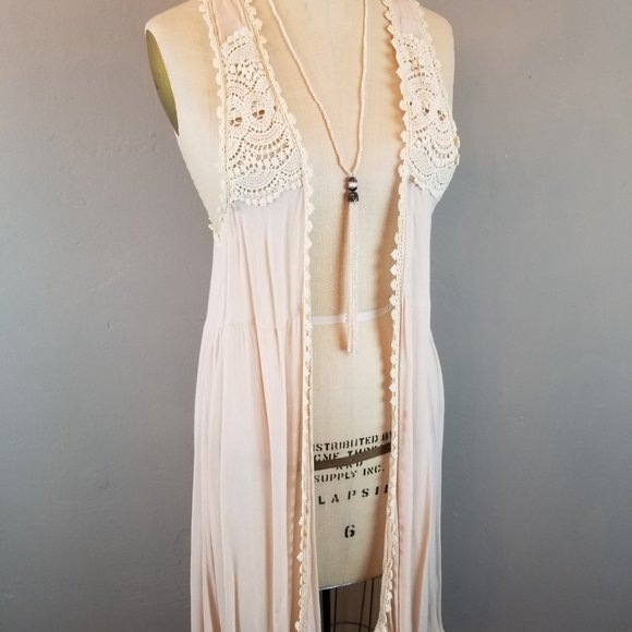 POL Blush Pink Boho Vest with Ivory Lace Women's Size Small - Picture 2 of 8